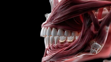 Detailed 3D rendering of human jaw muscles and teeth, showcasing anatomical structure on a dark background.