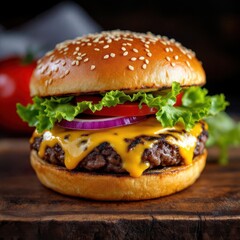 Gourmet cheeseburger with melted cheese, fresh lettuce, tomato