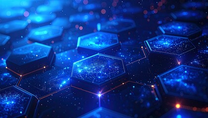 Luminous blue hexagons with glowing connections forming a digital abstract honeycomb pattern with bokeh lights