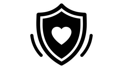 Black shield icon with a white heart, symbolizing protection, security, and compassionate health support, isolated on wh