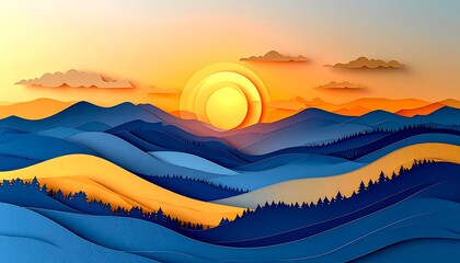 Layered paper landscape featuring undulating hills, setting sun and clouds in blue and gold hues with a papercut style