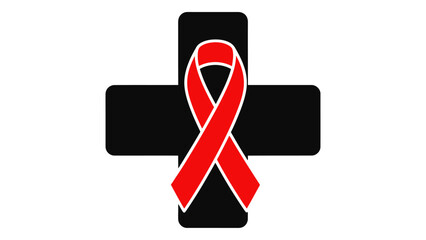 Medical cross with a red ribbon symbolizing healthcare support for people living with hivaids, isolated on white backgro