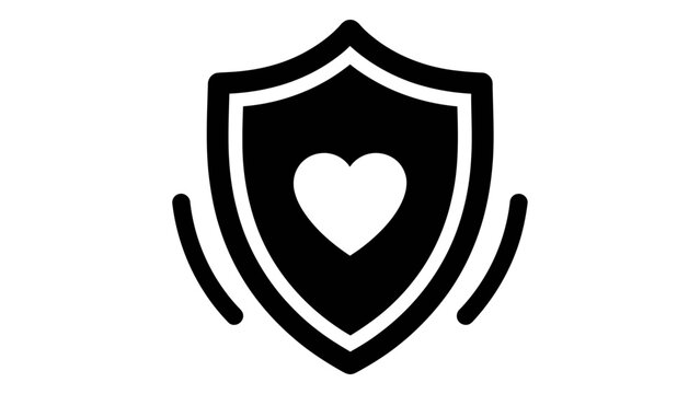 Black shield icon with a white heart, symbolizing protection, security, and compassionate health support, isolated on wh