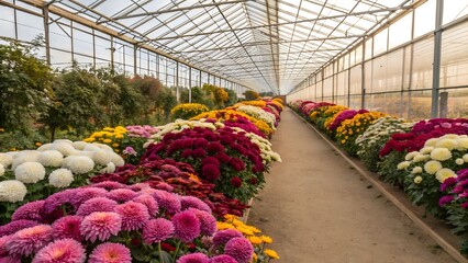 Chrysanthemum flowers in greenhouse
