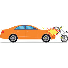 Orange Sedan Car Colliding With A Bicycle On A White Background Illustrating A Traffic Accident With A Yellow Impact Burst And Lightning Effects