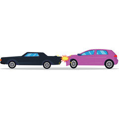 Pixel Art Car Crash Scene Featuring A Black Sedan Colliding With A Purple Hatchback On A Transparent Background Representing An Accident Dynamic Impact