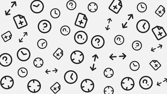 Seamless Pattern of Black Time and Medical Icons on White Background, Flat Graphic Design, Minimalist Concept