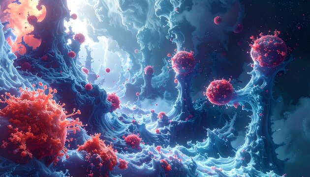 Microscopic world with vibrant red spheres against an ethereal blue background, resembling cellular structures - Powered by Adobe