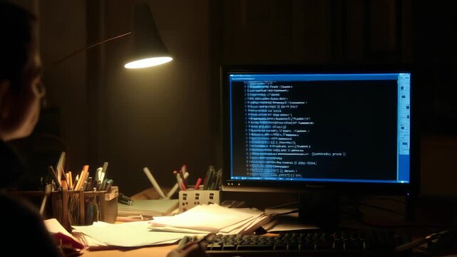 Programmer Working at Desk with Code on Computer Screen
