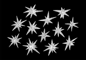 Celestial sparkle collection with chalk-textured elements, pastel sketched icons and twinkling shapes. Vector illustration featuring cool star figures, party decorations on chalkboard background.