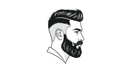 Profile illustration of a trendy hipster man with a modern fade haircut, a full beard, and a styled mustache, in black and white.
