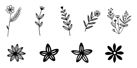 Black Floral Silhouette Icon Set – Decorative Flower Vector Collection.