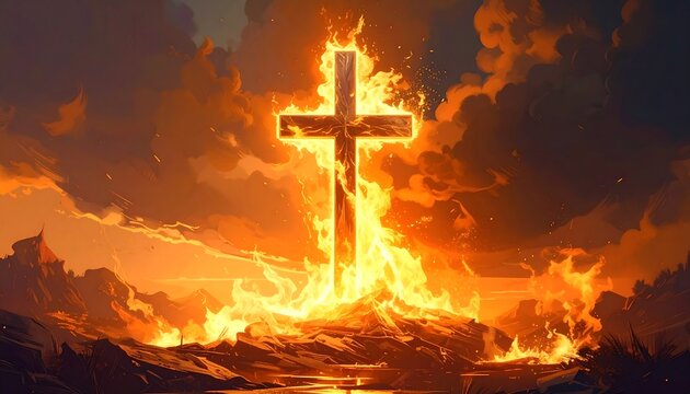 Luminous cross ablaze, a fiery symbol against an orange, stormy landscape, glowing with intense light and shadow