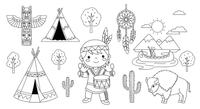 Playful outline depicting cultural native american symbols and natural elements in doodle style