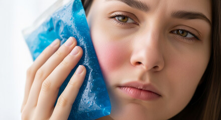 Woman uses ice pack for cheek pain, offering relief and recovery with a cooling compress to soothe discomfort and alleviate swelling effectively