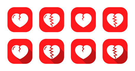 Heartbreak and sadness icon with long shadow. Cracked heart symbol in red square