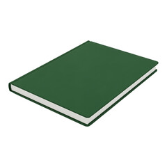 Fototapeta premium A closed, dark green hardcover book with white pages visible on the edges, isolated on transparent background