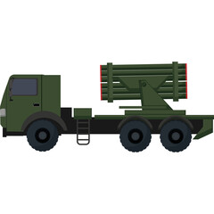 Military Rocket Launcher Truck Green Vehicle With Multiple Tubes Ready To Fire Against Transparent Background