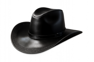 "Black Leather Cowboy Hat with Embossed Brim and Digital Rain Background"