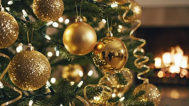 Glowing Christmas tree ornaments sparkle with festive warmth near a cozy fireplace, promising joy and celebration during the holiday season