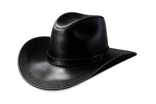"Black Leather Cowboy Hat with Embossed Brim and Digital Rain Background"