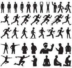 Man stands, walks, and runs icon set. person, man, silhouette, body,