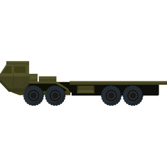 Olive Green Military Truck With Flatbed Trailer And Large Black Wheels On Transparent Background Representing Transportation And Logistics