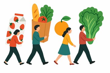 A group of people are walking down a street, each carrying a bag of groceries