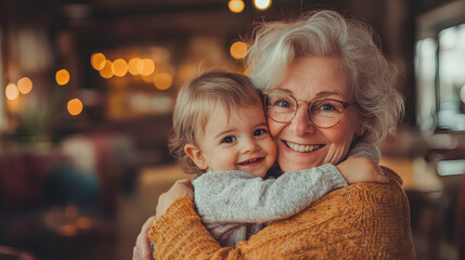 Happy grandmother hugging grandchild indoor during winter time - Family, love and bonding concept - Models by AI generative