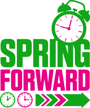 Spring forward time change reminder with clocks and arrow