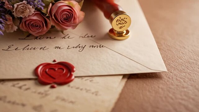 A bouquet of roses and lavender rests on an envelope sealed with wax and a golden stamp