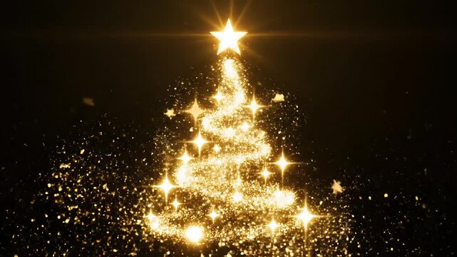 Sparkling gold Christmas tree animation with shining star, perfect for holiday greetings or festive event promos