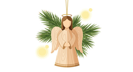 Wooden angel ornament with a golden halo hanging in front of a green fir branch with sparkling golden lights.