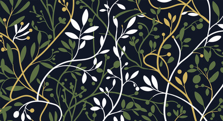 Seamless floral pattern with intertwined white, green, and yellow vines and leaves on a dark navy blue background.