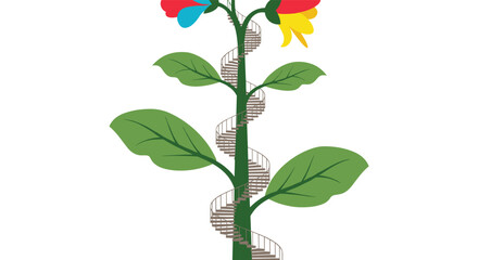Surreal and imaginative illustration of a tall flowering plant with a spiral staircase winding up its green stem.