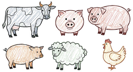 Set of six cute farm animals including a cow, pigs, a sheep, and a chicken in a child's scribble sketch style.