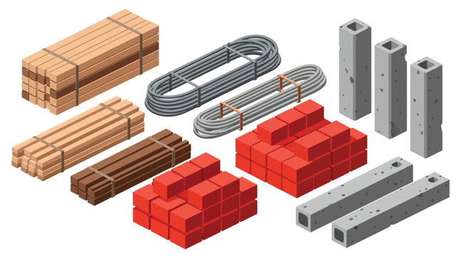 Isometric illustration of building materials wood steel bricks and concrete