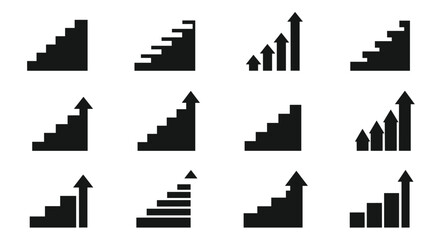 A set of twelve black silhouette icons representing stairs, steps, and bar graphs to symbolize growth and progress.