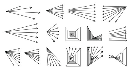Collection of fifteen abstract arrow and line formations in a black and white line art style, showing radiation and perspective.