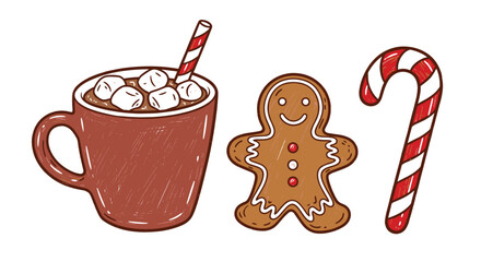 Cozy winter holiday treats including a mug of hot chocolate with marshmallows, a gingerbread man, and a candy cane.