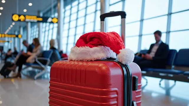 Christmas travel at the airport with a red suitcase and santa hat 4k video