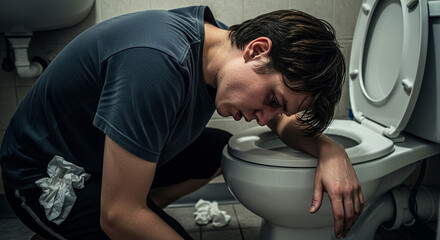 Young man experiencing nausea and sickness, leaning over toilet with tissues nearby, depicting illness, hangover, or food poisoning in a dramatic scene