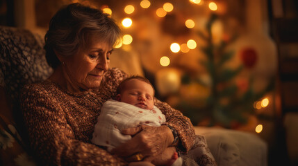 Happy grandmother holding newborn baby at home during Christmas eve - Winter, family and xmas concept - Models by AI generative