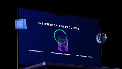 System Update in Progress: The digital interface depicts a system update in progress on a sleek laptop, with abstract 3D elements, symbolizing technological advancement and constant evolution.