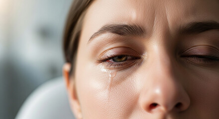 Close-up of a woman's face with tears streaming down her cheek, conveying sadness, grief, and emotional vulnerability with powerful impact