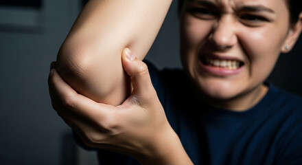 Woman experiencing sharp elbow pain, holding arm in discomfort, perfect for health and medical content about injuries and common ailments with a focus on pain
