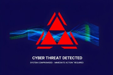 Digital Warning: The stark digital illustration issues an urgent alert of a Cyber Threat Detected, accompanied by a symbolic emblem and bold text.