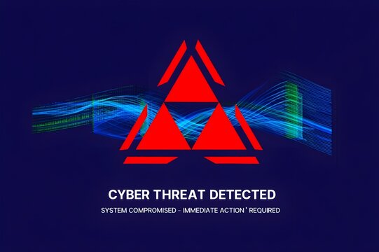 Digital Warning: The stark digital illustration issues an urgent alert of a Cyber Threat Detected, accompanied by a symbolic emblem and bold text.