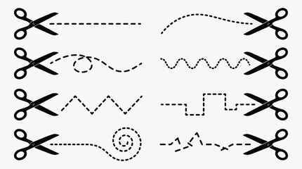 Scissors cutting different shapes of dotted lines design element concept