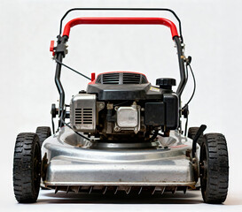 Lawn mower with a black engine. The mower has a red handle